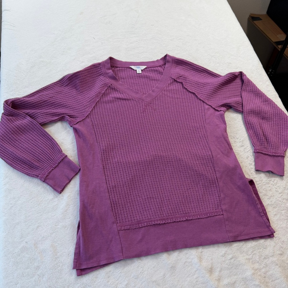 Time and Tru Waffle Knit Top Womens S Purple Good V-Neck Long Sleeve Thermal - Picture 8 of 9